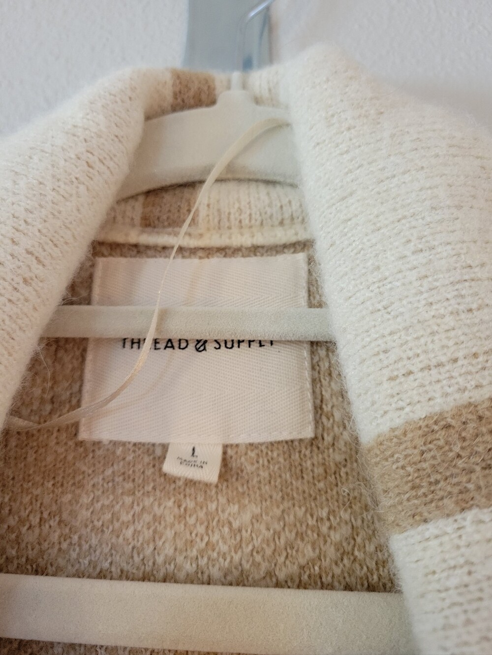 Thread & Supply Cream and Tan Open Front Plaid Cardigan Sweater - LARGE - Picture 3 of 4
